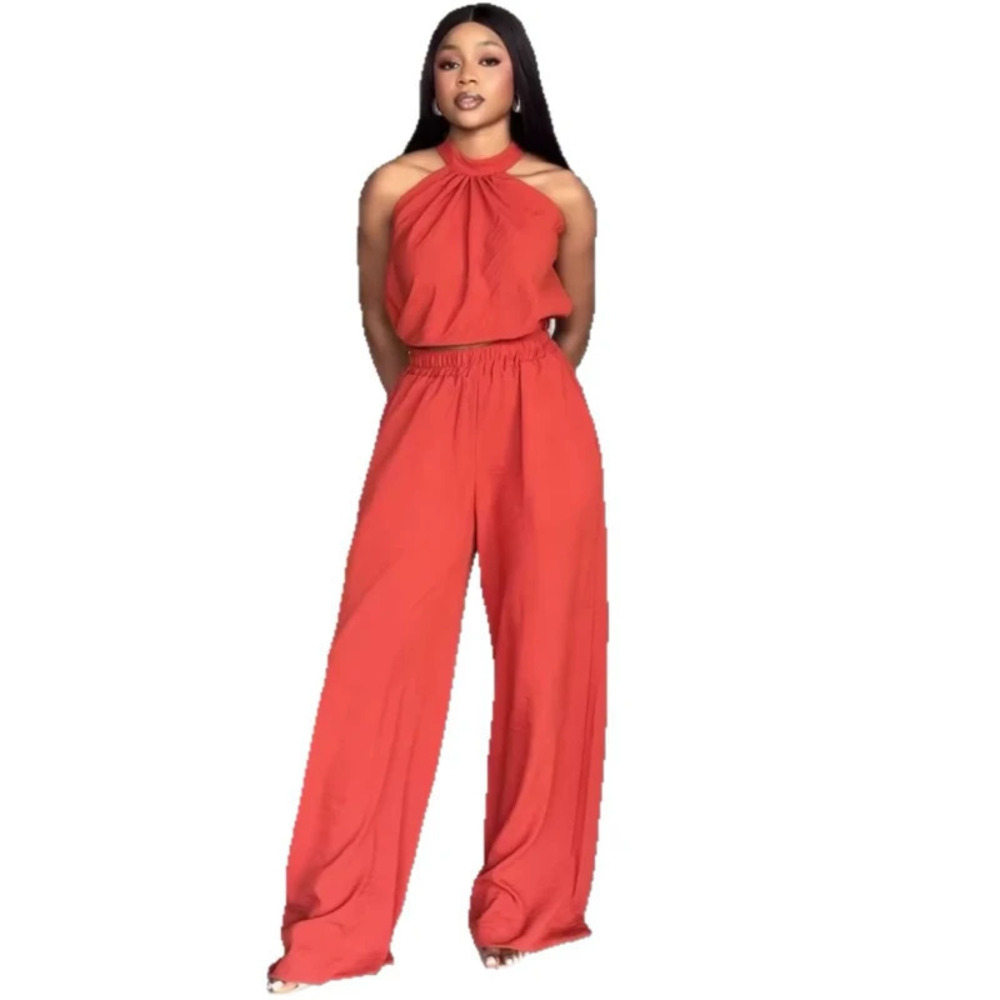 ZARA African Elegant Halter Neck Red Crop Top High Waist Pants Set